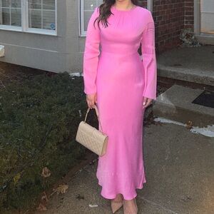 Elegant Satin Pink Long Sleeve Dress